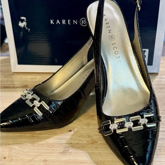 Karen Scott Black Heels with Chain Embellishment Gildyy slingback pumps size 6 - Picture 10 of 10